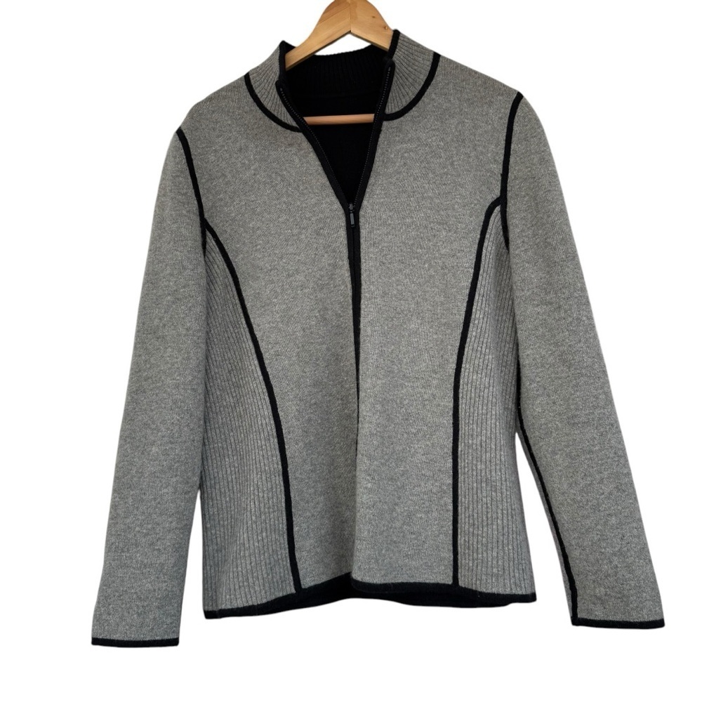 Reversible Cashmere Blend Full Zip Jacket Sweater Black & Gray Sz Med/Lg